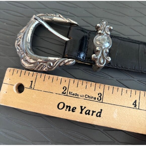 Vintage Brighton Leather Belt, Embossed Alligator Print leather, Concho Silver O - Picture 7 of 13